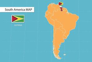 mapa da guiana na américa, ícones mostrando a localização da guiana e bandeiras. vetor