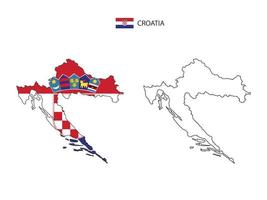 vetor da cidade do mapa da croácia dividido pelo estilo de simplicidade do contorno. tem 2 versões, versão de linha fina preta e cor da versão da bandeira do país. ambos os mapas estavam no fundo branco.