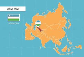Mapa do Uzbequistão na Ásia, ícones mostrando sinalizadores e localização do Uzbequistão. vetor