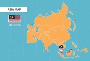 mapa da malásia na ásia, ícones mostrando bandeiras e localização da malásia. vetor