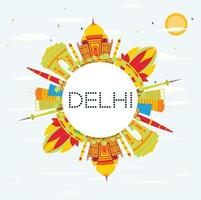 horizonte de delhi com edifícios coloridos, céu azul e espaço para texto. vetor