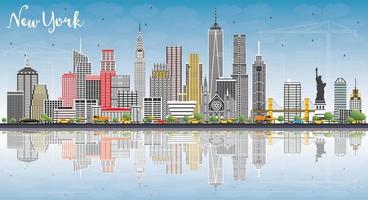 skyline de nova york eua com edifícios cinza, céu azul e reflexões. vetor