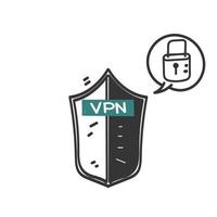 doodle desenhado à mão ilustração de escudo vpn vetor de ilustração de sinal de logotipo