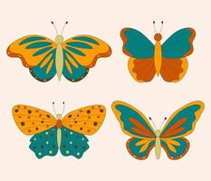 conjunto de borboletas hippie groovy retrô dos anos 60 e 70 para cartões, adesivos ou design de pôster. ilustração vetorial plana vetor