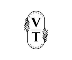 coleção de logotipos de monograma de casamento de letra inicial vt, modelos modernos minimalistas e florais desenhados à mão para cartões de convite, salve a data, identidade elegante para restaurante, boutique, café em vetor