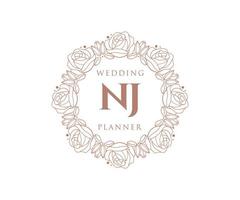 nj letras iniciais coleção de logotipos de monograma de casamento, modelos minimalistas e florais modernos desenhados à mão para cartões de convite, salve a data, identidade elegante para restaurante, boutique, café em vetor