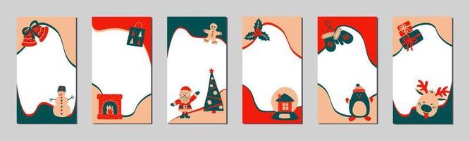 modelo de histórias de natal para redes sociais no estilo de desenho de mão simples escandinavo. molduras de férias para fotos com personagens fofinhos - papai noel, rena, boneco de gengibre, boneco de neve, pinguim. vetor