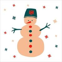 boneco de neve tradicional de natal com um lindo chapéu em um fundo branco com flocos de neve em estilo escandinavo desenhado à mão. ilustração vetorial, objeto brilhante simples, formato quadrado. vetor
