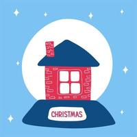 globo de neve de natal com uma casa aconchegante dentro de um fundo azul com um padrão de flocos de neve no estilo doodle escandinavo. ilustração vetorial, um simples objeto brilhante, formato quadrado vetor
