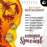 design de modelo de postagem de mídia para comida especial de perdedor, mídia de promoção de menu de restaurante de lagosta vetor