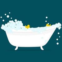 ilustração vetorial de banheira com bolhas de espuma dentro e brinquedo de pato de borracha amarelo isolado em fundo verde. relaxante interior do banheiro vetor