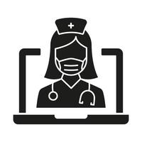 ícone de silhueta de medicina digital online. médico em computador médico cuidados de saúde on-line glifo pictograma preto. ícone de serviço de medicina virtual. telemedicina. ilustração vetorial isolada. vetor