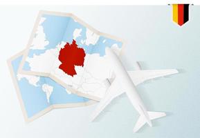 viajar para a alemanha, avião de vista superior com mapa e bandeira da alemanha. vetor