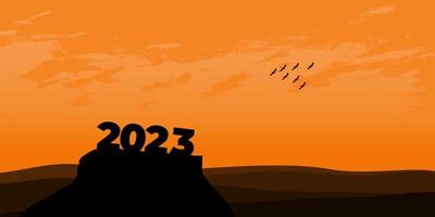 feliz ano novo 2023 com grandes letras de silhueta na montanha com um belo pôr do sol para o conceito de sucesso. conceito de ano novo vetor