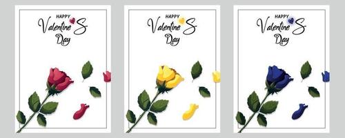 conjunto de cartões com rosas e caixa de presente. feliz dia dos namorados, romance, conceito de amor. ilustração vetorial a4 para pôster, banner, cartão, cartão postal. vetor
