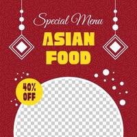 comida asiática, modelo de postagem de menu especial para mídias sociais. banner quadrado de publicidade vetor