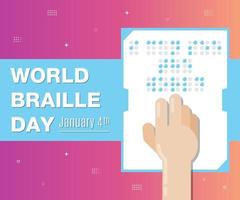 ilustração vetorial do dia mundial do braille, um dedo toca um pedaço de papel que diz que eu posso ver o mundo.
