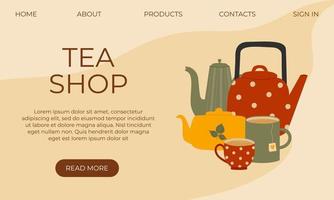 página inicial da loja de chá com xícaras e bules coloridos. modelo para pôster, banner, flyer, menu vetor
