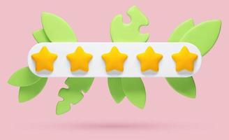 vector ilustração realista 3d de feedback de 5 estrelas, avaliação de um produto ou serviço em um fundo rosa com folhas
