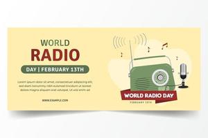 feliz dia mundial do rádio, 13 de fevereiro, design de banner horizontal com ilustração vintage de rádio e microfone vetor