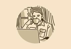 design de ilustração vintage de homem bebendo café na frente do laptop vetor