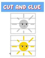 corte e cole sol. jogo educacional para crianças, planilha para impressão. quebra-cabeças com sol vetor