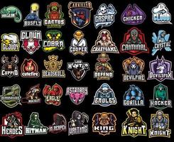 conjunto de logotipos coloridos de esports, emblemas. logotipos de cavaleiros, cavalos, dragão, tubarão, cobra, viking, beisebol, urso, águia, cowboy, ilustração de tiger.vector isolada no fundo vetor