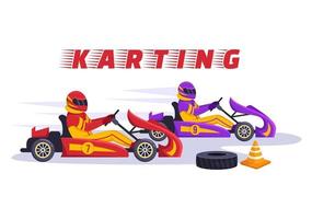 esporte de kart com jogo de corrida go kart ou mini carro em pequena pista de circuito em ilustração de modelo desenhado à mão de desenho animado plano vetor