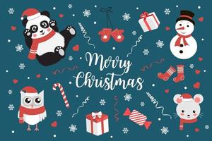 lindo cartão de natal com panda e animais. ilustração vetorial vetor