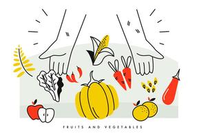 A mão do camponês cheia de frutas e vegetais da safra Vector Ilustration