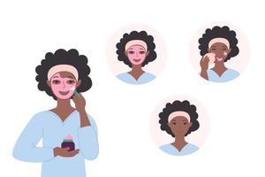 infográfico como usar uma máscara facial cosmética. mulher negra afro-americana vetor