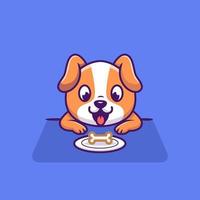 cão bonito olhando osso na ilustração do ícone do vetor dos desenhos animados de placa. conceito de ícone de comida animal isolado vetor premium. estilo cartoon plana