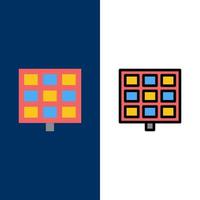 ícones de construção solar de painel plano e conjunto de ícones cheios de linha vector fundo azul