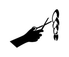 o logotipo preto e branco da barbearia. mão com tesoura e cabelo vetor