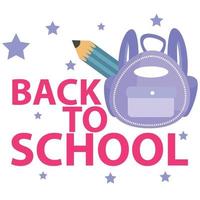 de volta à escola com mochila roxa e lápis sobre fundo branco e estrelas. design de banner de educação vetor