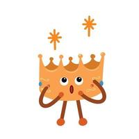 mascote do personagem da coroa do rei de ouro espantado com expressão facial e ilustração vetorial de gesto corporal isolada em fundo branco liso. arte em quadrinhos de desenho animado com estilo simples de arte plana. vetor