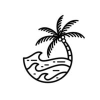 ilha tropical de ondas do mar e ilustração vetorial de arte de linha de logotipo de palmeira vetor