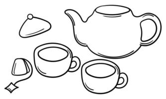 ilustração desenhada à mão de bule, xícara de chá e saquinho de chá vetor