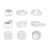 conjunto de sushi japonês desenhado à mão. ilustração de rabisco simples vetor