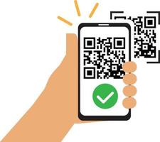 escaneie o ícone do código qr, mão de pagamento com telefone, aplicativo de scanner, símbolo de linha fina no fundo branco vetor