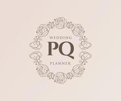 pq coleção de logotipos de monograma de casamento de letras iniciais, modelos modernos minimalistas e florais desenhados à mão para cartões de convite, salve a data, identidade elegante para restaurante, boutique, café em vetor