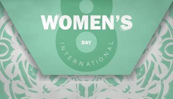 modelo de cartão de felicitações 8 de março dia internacional da mulher cor de menta com ornamento branco de inverno vetor