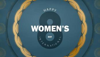 folheto de celebração do dia internacional da mulher em azul com padrão de ouro vintage vetor