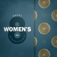 brochura 8 de março dia internacional da mulher em azul com padrão ouro vintage vetor