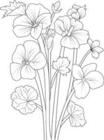 arte de linha de flor de gerânio, ilustração vetorial, desenho a lápis desenhado à mão, livro para colorir e página, isolado no clipart de fundo branco. vetor