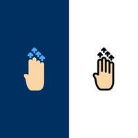 dedo quatro gestos seta para cima ícones plano e linha cheia conjunto de ícones vetoriais fundo azul vetor