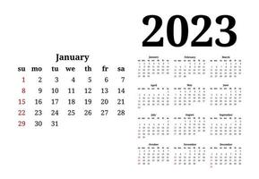 calendário para 2023 isolado em um fundo branco. domingo a segunda-feira, modelo de negócios. ilustração vetorial vetor