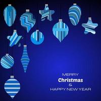 feliz natal e feliz ano novo fundo azul escuro com bolas de natal. fundo vetorial para seus cartões, convites, cartazes festivos. vetor