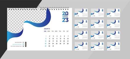 calendário de fotos mensal de mesa 2023. layout de calendário de fotos horizontal mensal simples para o ano novo de 2023 em inglês. calendário de capa e modelos de 12 meses. vetor