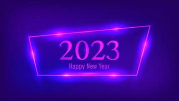 2023 feliz ano novo fundo neon. moldura de néon com efeitos brilhantes para cartão de saudação de feriado de natal, folhetos ou cartazes. ilustração vetorial vetor